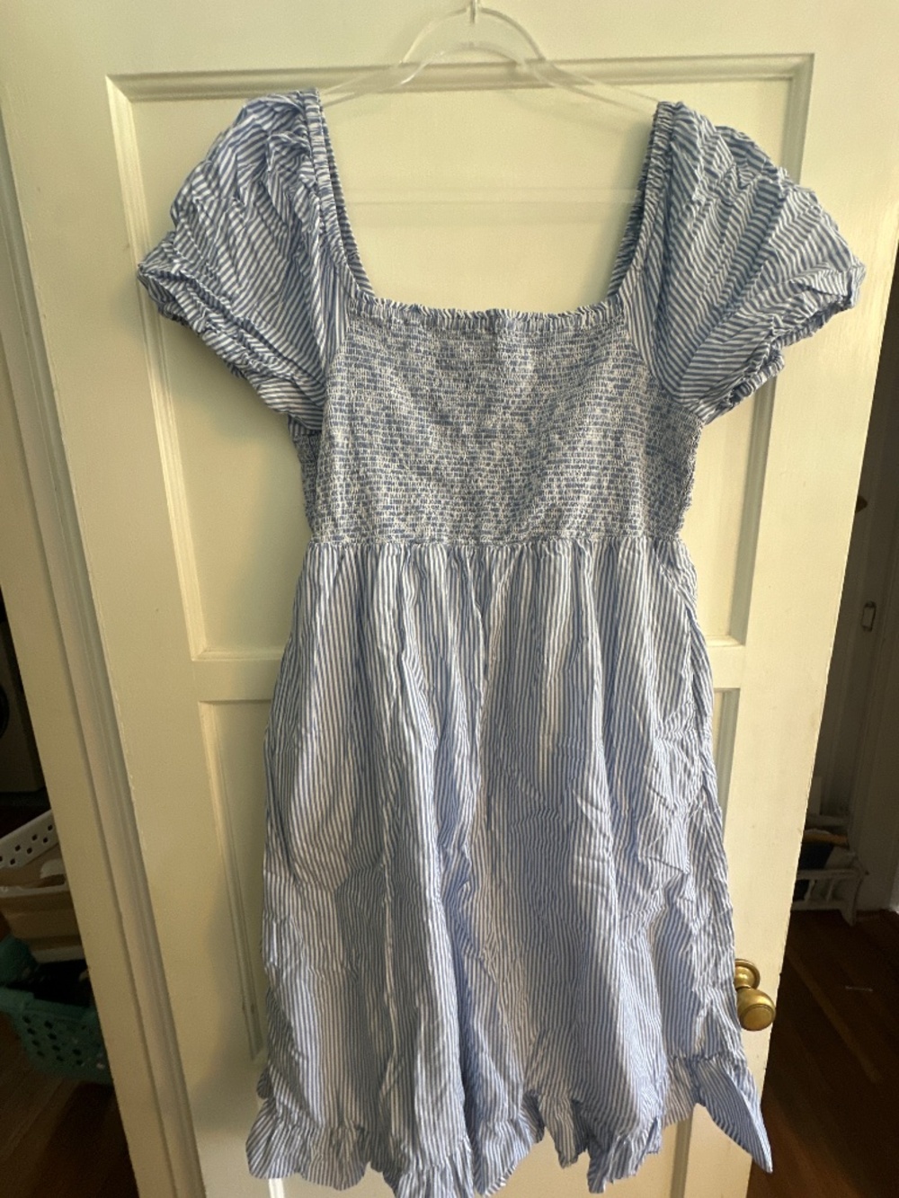 J Crew Factory puff sleeve blue white striped midi dress - Picture 2 of 3